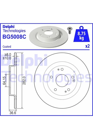 DELPHİ FREN DISK ARKA Ø282-5-(HONDA   CIVIC X 1.5 RS 2017/ HONDA   CIVIC X 1.6 DTEC 2018/   ) ürün görseli 1