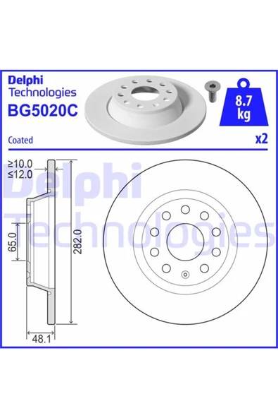 DELPHİ ARKA FREN DISKI-282X12 5×112 (VW GOLF 04-14  PASSAT 06-15  SEAT LEON 06-13  SKODA OCTAVIA 04-13) ürün görseli 1