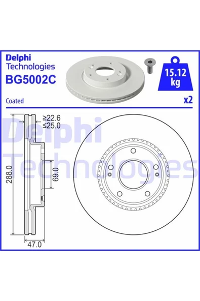 DELPHİ FREN DISKI ON HAVALI 288-5 (HYUNDAI   I30 2017/ / KIA  CEED 2018/ ) ürün görseli 1