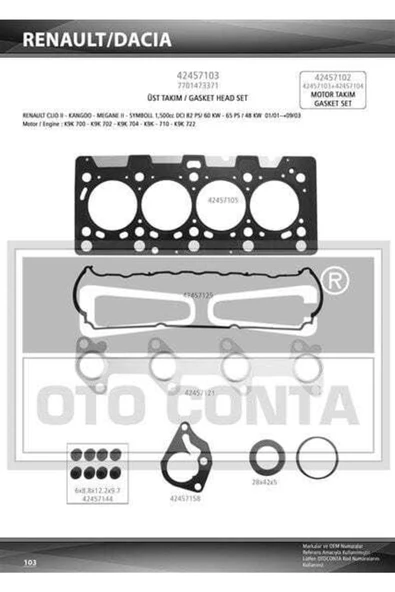 OTO CONTA 42457103 Motor Takım Conta Üst Clıo Iı Iıı Kangoo Megane Iı Scenic Iı Modus Fluence 1.5 Dc ürün görseli 1