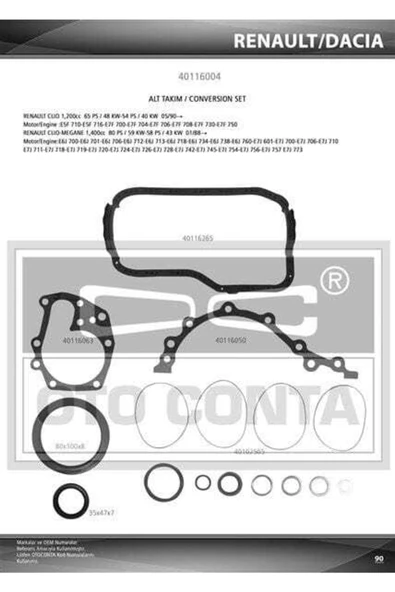 OTO CONTA 40116004 Motor Takım Conta Alt Renault 9 Renault 19 Clıo I Clıo Iı Express Kangoo Megane 1 ürün görseli 1
