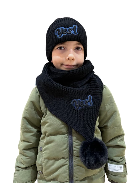 Benittokids Çocuk Yazı Detaylı Bere Atkı Takımı 7018 ürün görseli 1