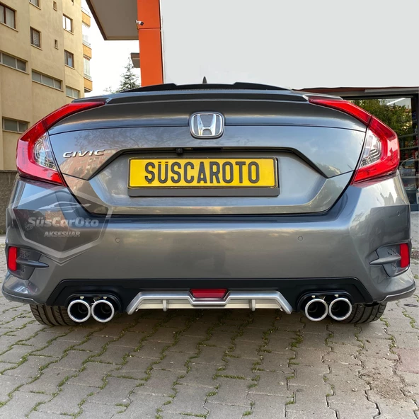 Honda Civic FC5 2016-2021 Araca Özel Siyah Gri Arka Difüzör Tırnaklı 4 Yuvarlak Egzoz Çıkışlı Arka Tampon Eki İthal 1.Sınıf ürün görseli 1