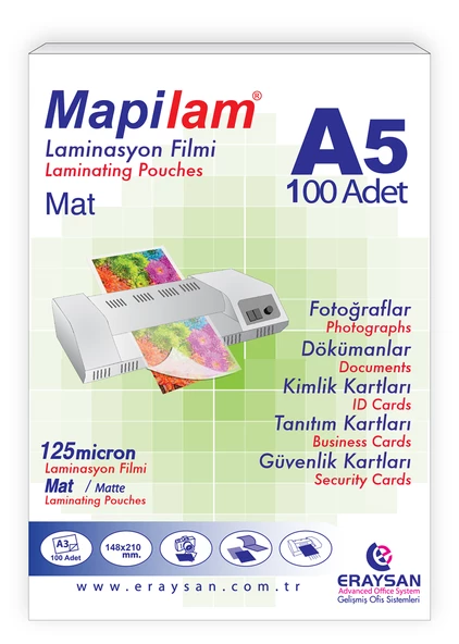 MAPİLAM 125 MİCRON MAT LAMİNASYON FİLMİ (A5) 100 LÜ ürün görseli 1