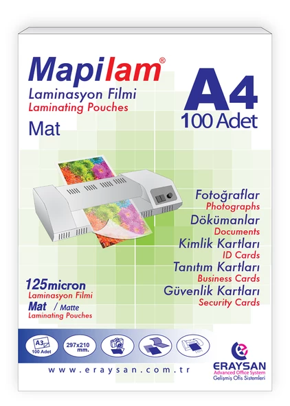 MAPİLAM 125 MİCRON MAT LAMİNASYON FİLMİ (A4) 100 LÜ ürün görseli 1