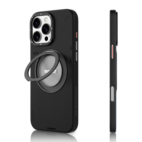 Youngkit Apple iPhone 16 Pro Kılıf Magsafe Şarj Özellikli 360° Standlı Basit Mat Deri Desenli Youngkit Tech Leather Serisi Kapak ürün görseli 1