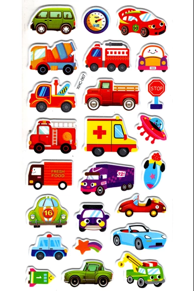 Sticker Kabartmalı Stiker Çıkartma Etiket (XHC067)-18x9 cm- Sevimli Arabalar ürün görseli 1