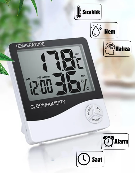 Dijital Oda Termometresi Sıcaklık Ve Nem Ölçer Masa Saati Alarm ürün görseli 1