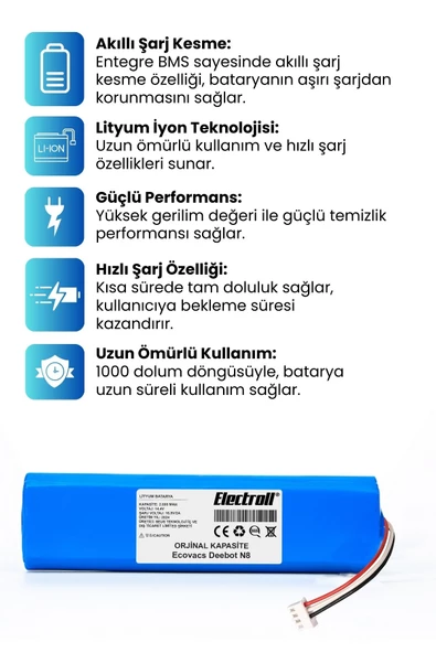 Ecovacs Deebot N8 Robot Vacuum Cleaner Robot Süpürge (Orjinal Kapasite) 2600mAh Süpürge Pil ürün görseli 1