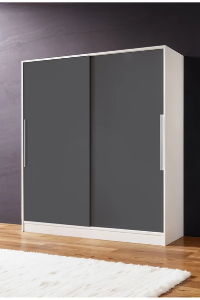 AEKA Ae-4001 Zambak Sürgülü Dolap Çok Raflı Çekmeceli Askılı Beyaz Kasalı (Gri-Gri Kapaklı) Gardırop ürün görseli 1