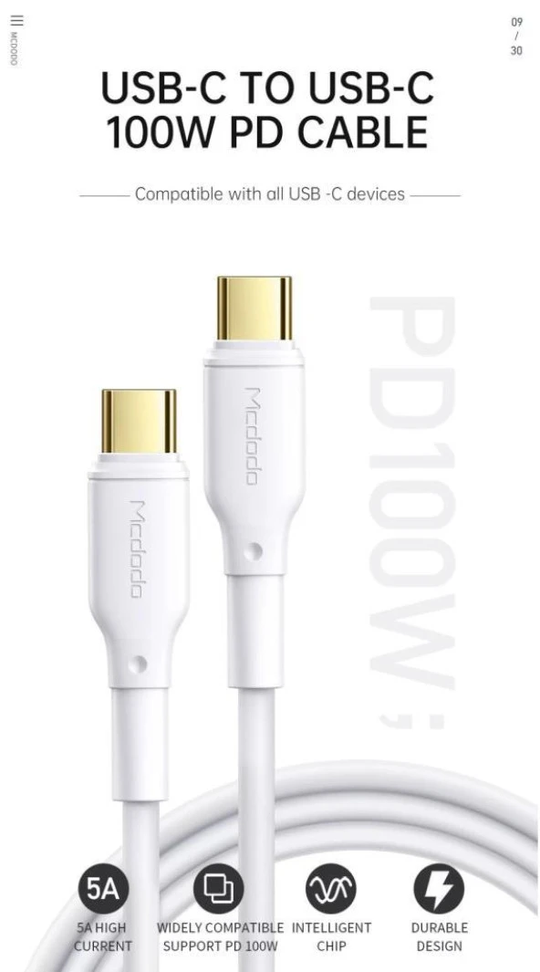 Mcdodo 100W TypeC TypeC Macbook Hızlı Şarj Kablosu 5A CA-8350 Beyaz ürün görseli 1