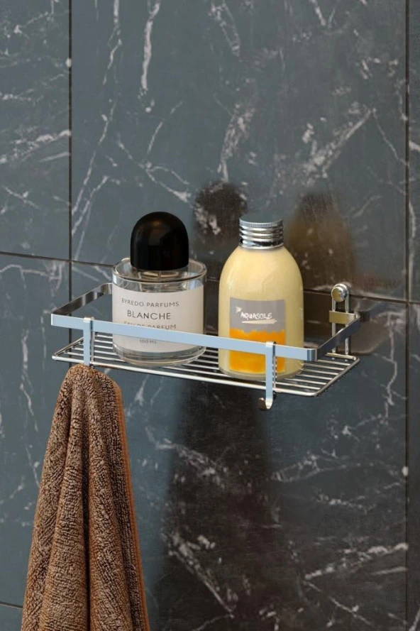 Geseus Tek Katlı Kancalı Banyo Rafı Krom ES081 ürün görseli 1