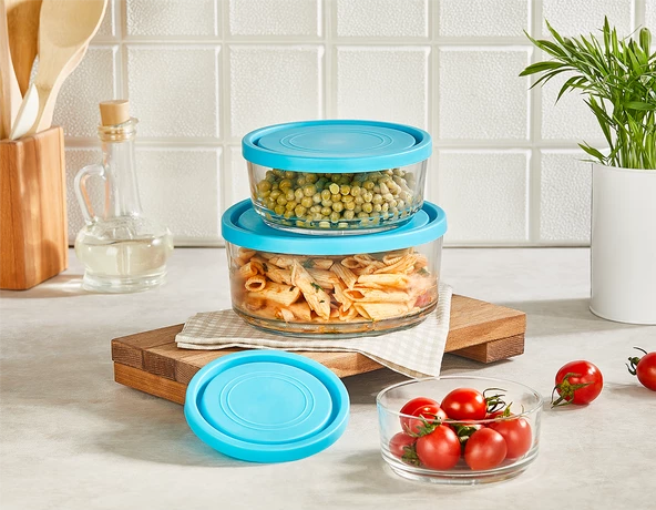 Glassco - Mavi Kapaklı Cam Saklama Kabı Yuvarlak 6 Adet 450 cc Cam Saklama Kabı Kavanoz ürün görseli 1