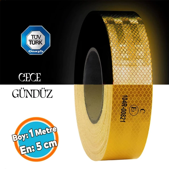 Tüvtürk Onaylı Bant Belgeli Reflektörlü Reflektif Fosforlu Şerit Bant İkaz Sarı 1 Metre 5 cm Bandı ürün görseli 1