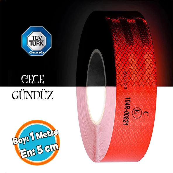 Tüvtürk Onaylı Bant Belgeli Reflektörlü Reflektif Fosforlu Şerit Bant İkaz BandıKırmızı 1 Metre 5 cm ürün görseli 1