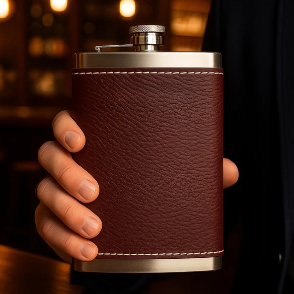 Perlotus 8 Oz 235 cc Hunili Kızıl Kahverengi Hakiki Deri Kılıflı Çelik Viski İçki Matarası ürün görseli 1