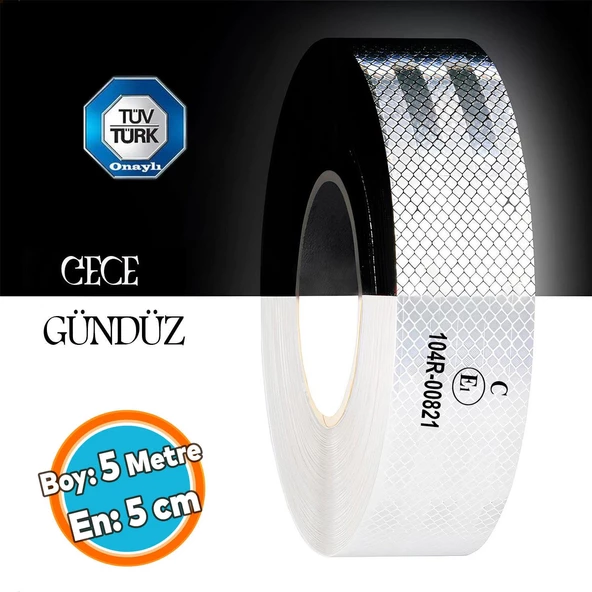 Tüvtürk Onaylı Bant Beyaz Belgeli Reflektörlü Reflektif Fosforlu Şerit Bant İkaz Bandı 5 Metre 5 cm ürün görseli 1