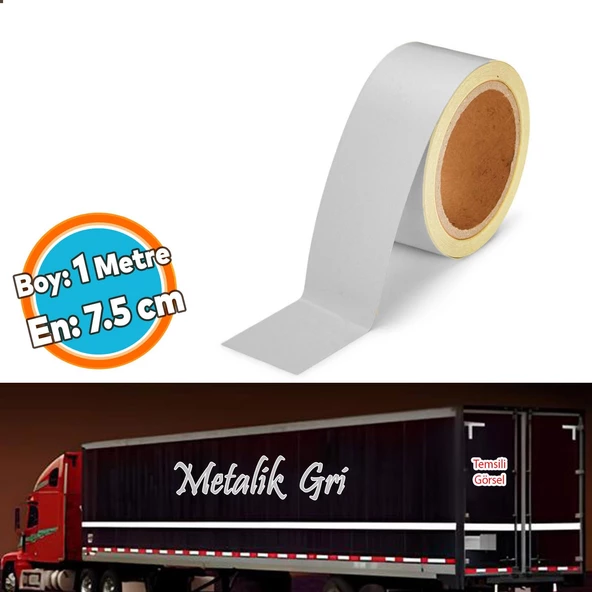 Düz Desensiz En 7.5 cm 1 Mt İkaz Bandı Reflektif Metalize Gri Renk Gece Parlayan Reflektörlü Bant ürün görseli 1