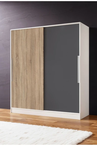 AEKA Ae-4001 Zambak Sürgülü Dolap Çok Raflı Çekmeceli Askılı Beyaz Kasalı (Sonomo-Gri Kapaklı) Gardırop ürün görseli 1