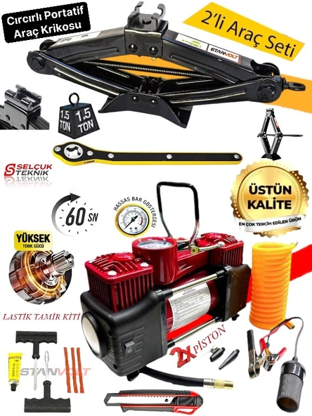 Oto Lastik Şişirme Çift Silindirli Hava Kompresörü+Kriko CırCır Kollu 1,5 Ton ve Bijon Anahtarlı SET ürün görseli 1