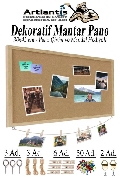 Dekoratif Mantar Pano Ahşap Çerçeve 30x45 cm 1 Adet Harita Çivisi Hediyeli Duvara Monte Mantar Çerçeve Evde Okulda Büro ürün görseli 1