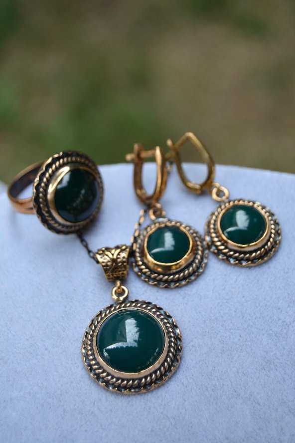 STONEAGE JEWELLERY Yeşil Akik Doğal Taş Tam Set ürün görseli 1