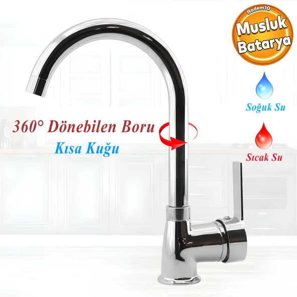 Lara Mix Kısa Batarya Krom Lavabo Banyo Mutfak Musluğu Musluk Mermer Tezgah Üstü Çift Su Giriş Evye ürün görseli 1