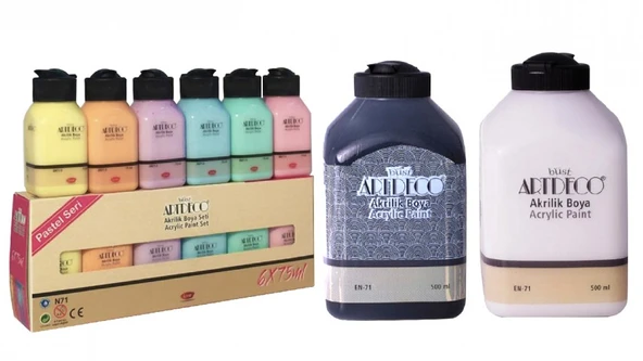 Akrilik Boya 6x75ml Pastel Renkler + 500ml Beyaz+ 500ml Siyah ürün görseli 1