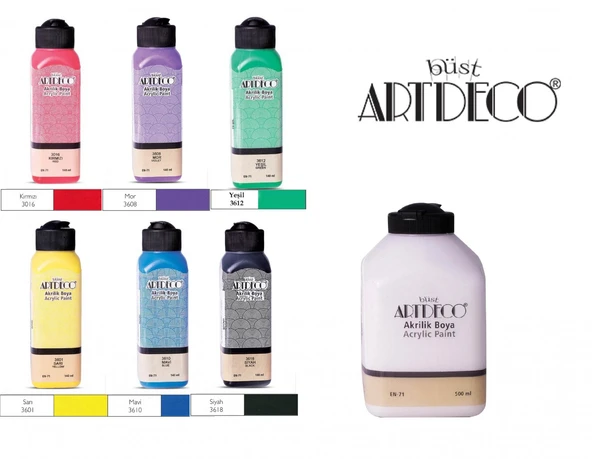 Artdeco Akrilik Boya 6 Canlı Renk 140ml + Beyaz 500 ml (140 Kırmızı+ 140 Mor+ 140 Sarı+140 Yeşil+140 Mavi+140 siyah+500 Beyaz) ürün görseli 1
