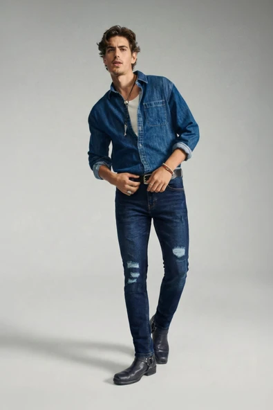 Erkek Yırtık Detay Likralı Skinny Fit Koyu Mavi Jean Pantolon ürün görseli 1