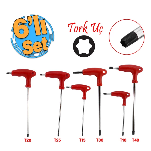 Tork Alyan Tornavida Seti Çelik ve Mıknatıslı T10 T15 T20 T25 T30 T40 Saplı İki Yön Uç 6 'lı Set ürün görseli 1