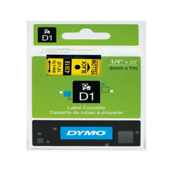 Dymo D1 Şerit Standart 6 MMx7 MT Sarı Üzerine Siyah 43618 S0720790 ürün görseli 1