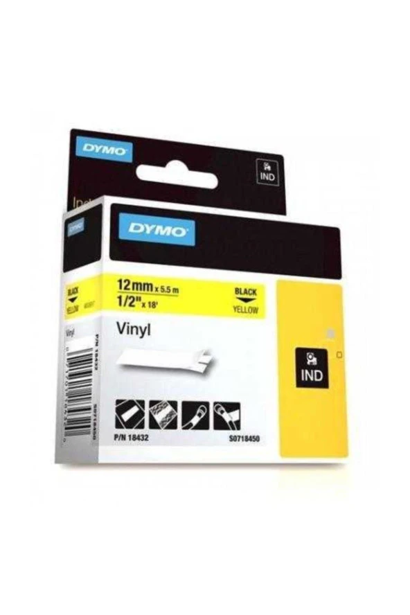 Dymo Rhino Pro Etiketi Renkli Vinil 12 MM x 5.5 Metre Sarı Üzerine Siyah ürün görseli 1