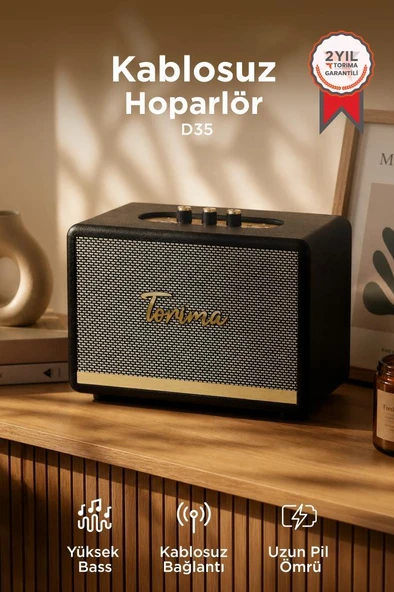 Bluetooth Hoparlör Nostaljik Kablosuz Speaker D35 Siyah ürün görseli 1