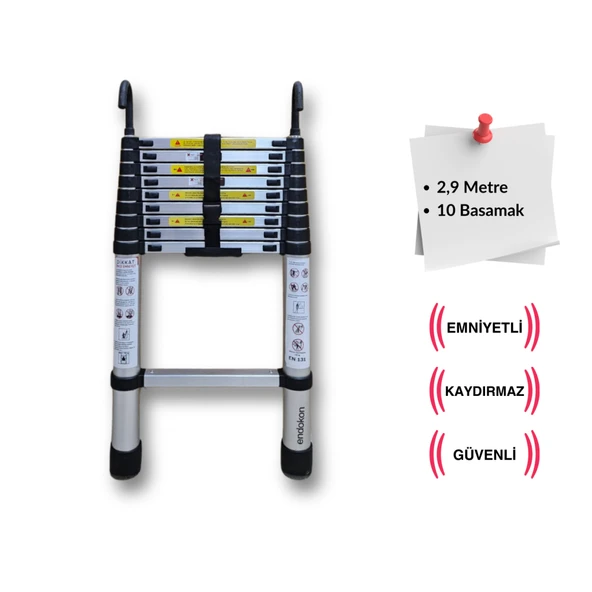 Endokon 10 Basamak - 290 cm. Kancalı Teleskopik Alüminyum Merdiven - I Tipi Uzayan Merdiven ürün görseli 1