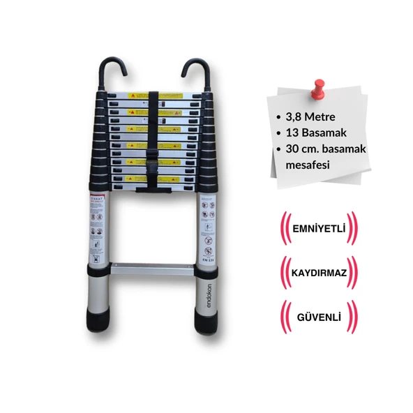Endokon 13 basamak - 380 cm. KANCALI Teleskopik Alüminyum Merdiven - I Tipi Uzayan Merdiven ürün görseli 1