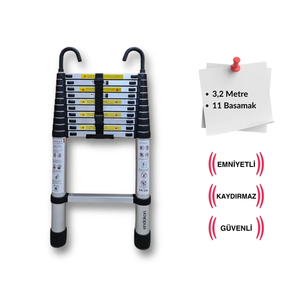 Endokon 320 cm. - 11 Basamaklı Kancalı Teleskopik Merdiven - I Tipi Uzayan ürün görseli 1