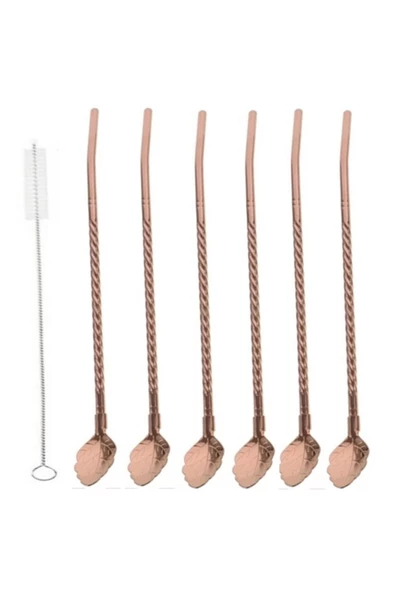 6'lı Bronz Pipetli Latte Kaşığı Kokteyl Kaşığı Ve Temizleme Fırçası, 22 Cm Yaprak Model ürün görseli 1