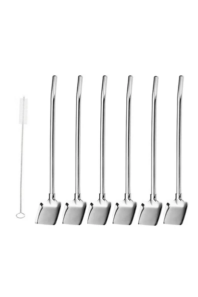 6'lı Paslanmaz Krom Pipetli Latte Kaşığı Kokteyl Kaşığı Ve Temizleme Fırçası, 22 Cm Kürek Model ürün görseli 1