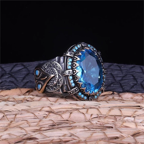 Oval Aqua Taşlı 925 Gümüş Erkek Yüzük ürün görseli 1