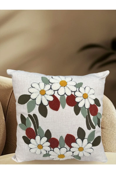 NETAVANTAJ Papatya Taç Desenli Keten Kumaş Nakışlı 1 Adet Kırlent Kı ürün görseli 1