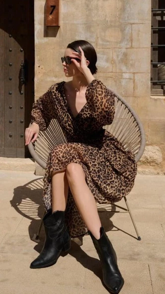 Astarlı Leopar Tül Elbise - Resim 3