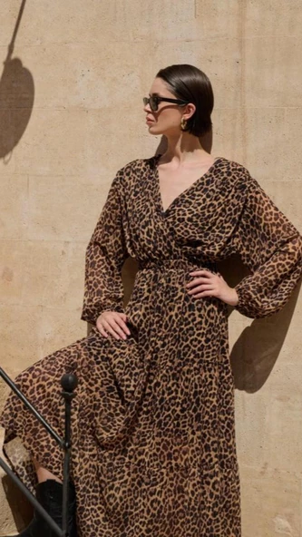 Astarlı Leopar Tül Elbise - Resim 5