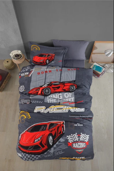 Clasy %100 Pamuk Tek Kişilik Nevresim Takımı Racing Team V1 Antrasit ürün görseli 1