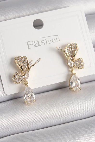 Pirinç Gold Renk Zirkon Taşlı Turna Kuşu Model Sallantı Detay Kadın Küpe TJ-BKP9919 ürün görseli 1
