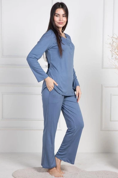 Mecit 6104 Bayan İndigo Büyük Beden Uzun Kollu Pijama Takımı ürün görseli 1