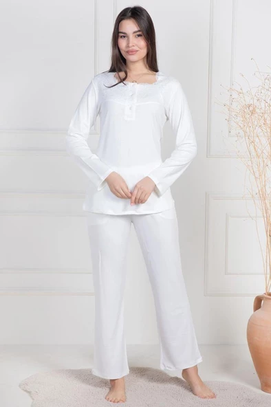 Mecit 6104 Bayan Ekru Büyük Beden Uzun Kollu Pijama Takımı ürün görseli 1