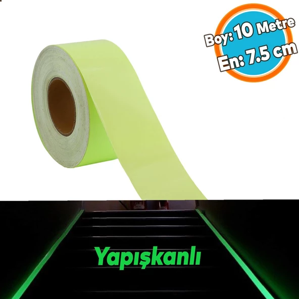 Gece Parlayan Fotolümen 7.5 cm Yeşil Reflektörlü Fosforlu Reflektif Düz Şerit Bant 10 Mt İkaz Bandı ürün görseli 1