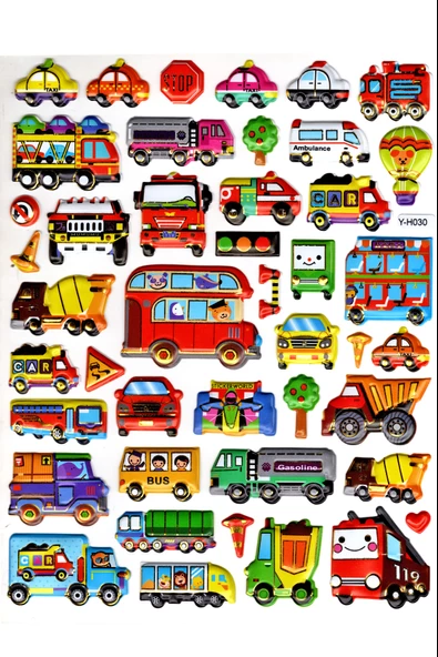 Sticker Kabartmalı Yaldızlı Stiker Çıkartma Etiket (YH030)-19x23 cm- Sevimli Arabalar ürün görseli 1