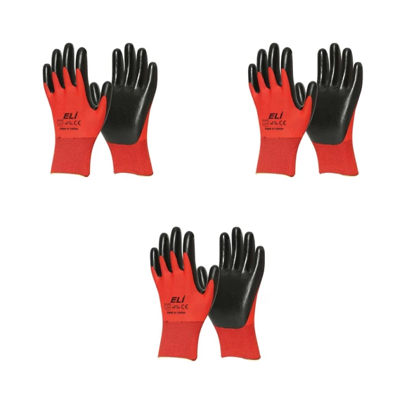 Eli Nitril İş Güvenlik Eldiveni - Kırmızı - 10/XL - 3 Çift - Paket ürün görseli 1